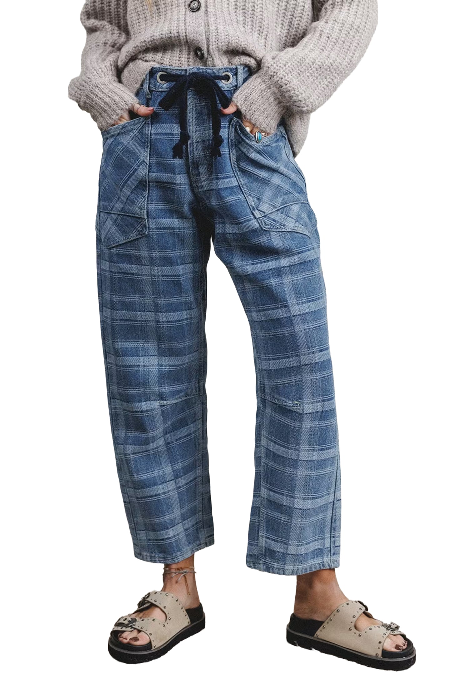 Sky Blue Plaid Denim Grommet Drawstring Waist Ankle-Length Jeans