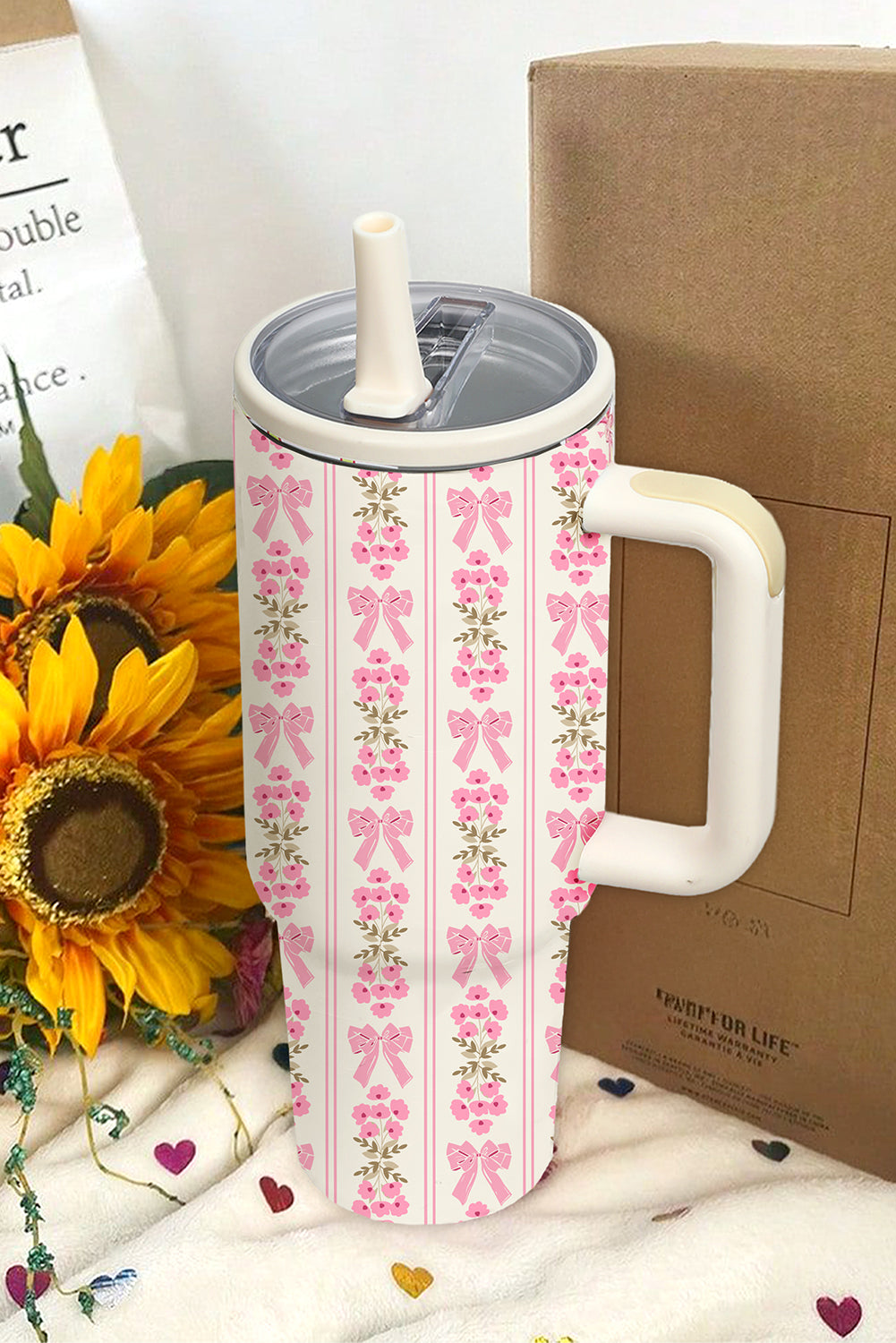White Bow and Flower Striped 40oz Tumbler Cup