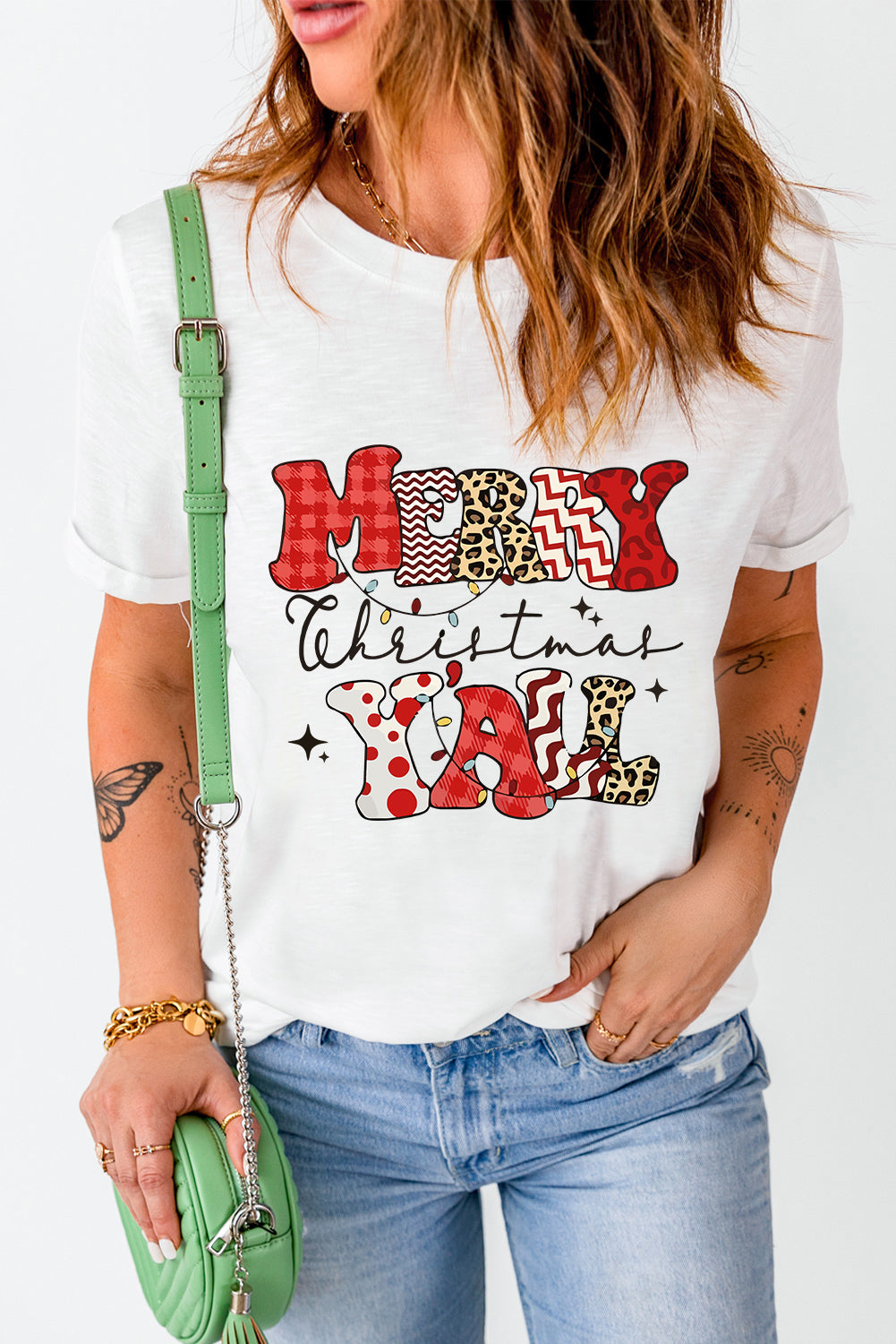White MERRY Christmas Y'All Graphic Crewneck T Shirt