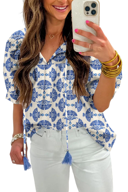 Sky Blue Geometric Print Tassel Drawstring V Neck Blouse
