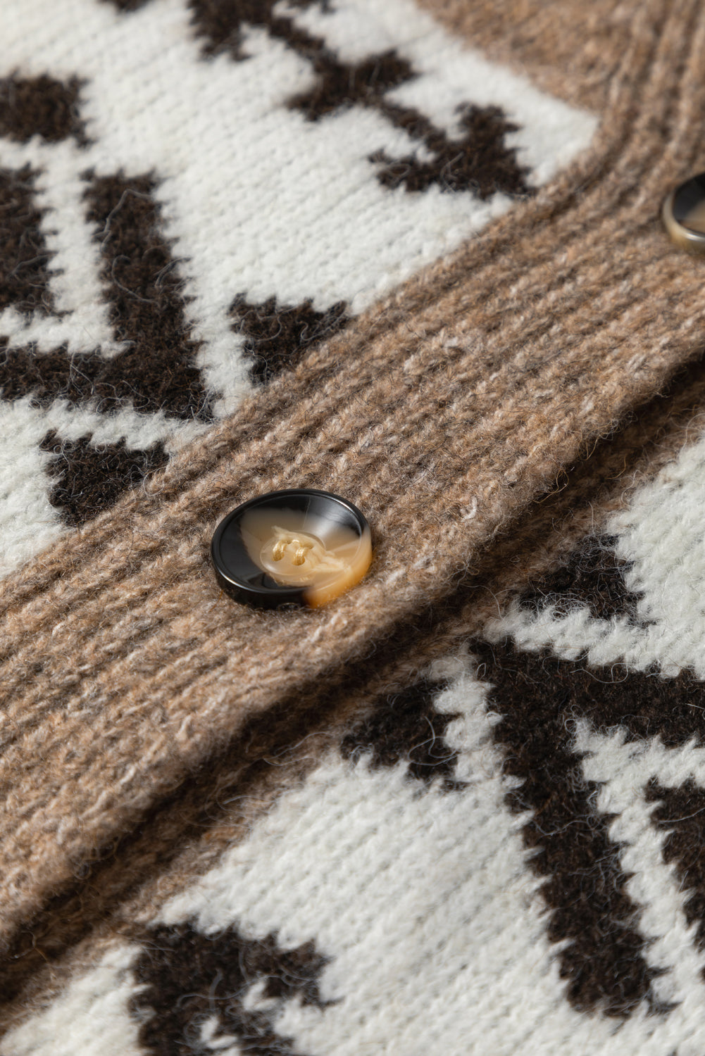 Dark Khaki Geometric Pattern Button Front V Neck Cardigan