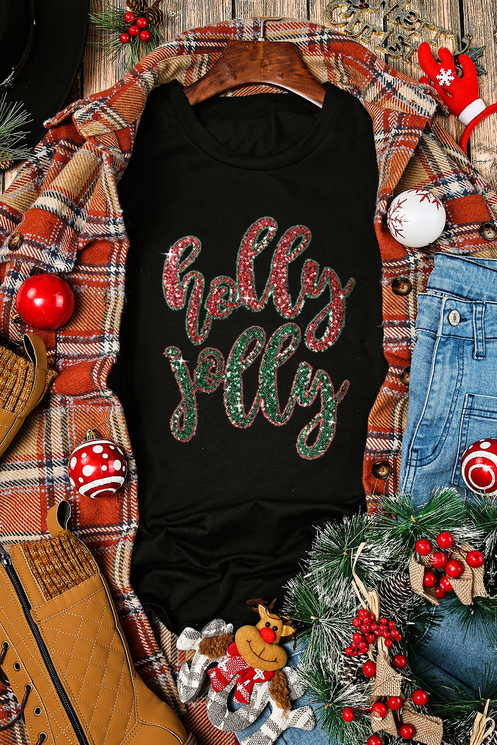Black Christmas holly jolly Sequins Patch Graphic Tee