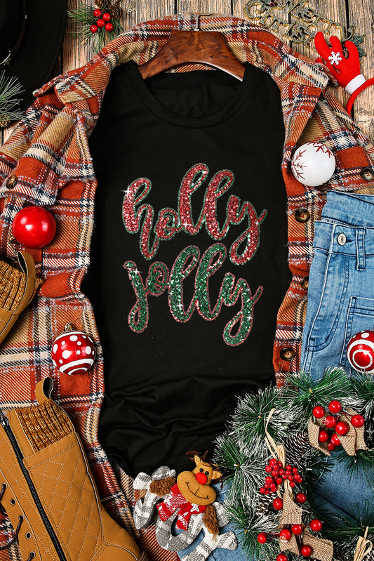 Black Christmas holly jolly Sequins Patch Graphic Tee