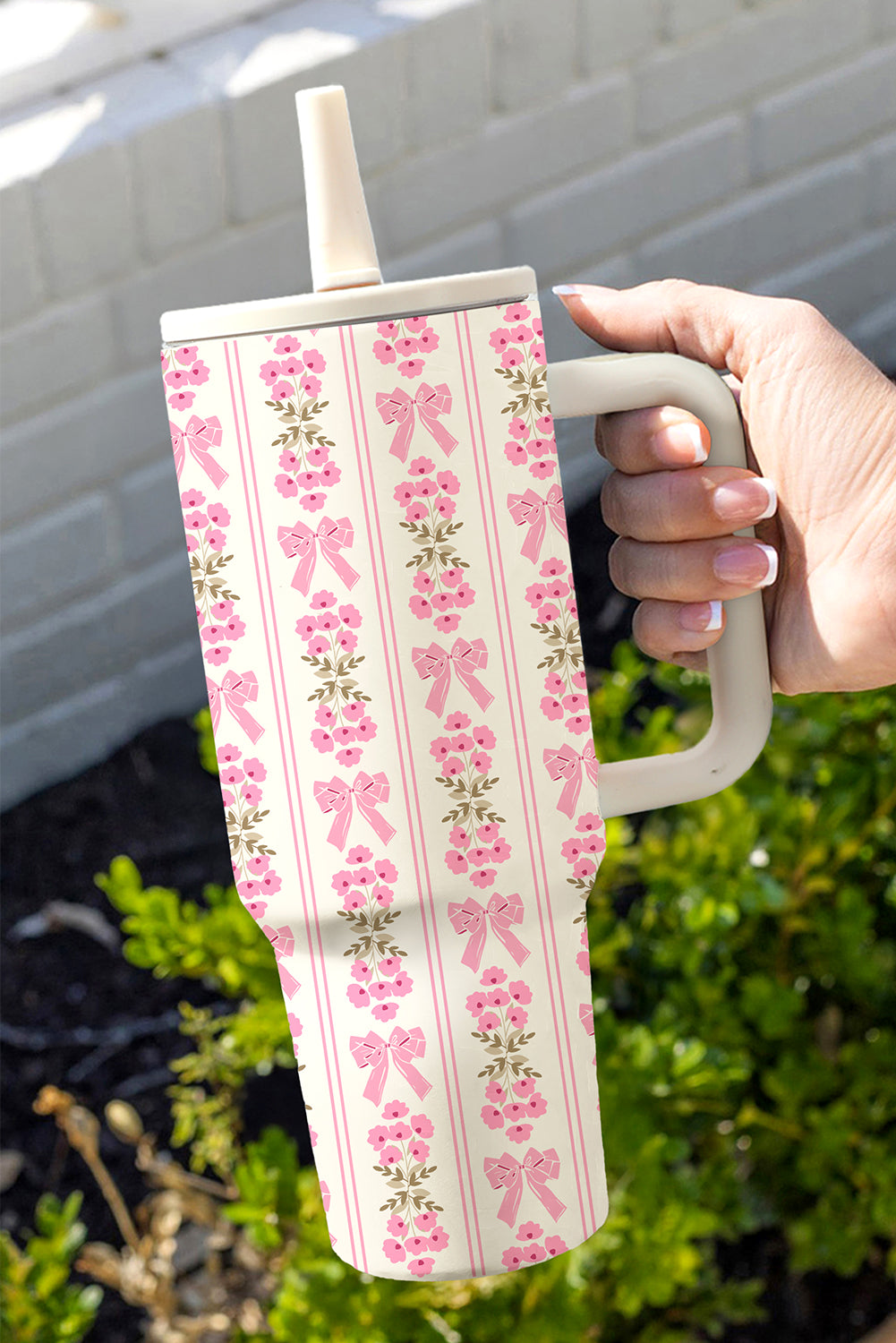 White Bow and Flower Striped 40oz Tumbler Cup