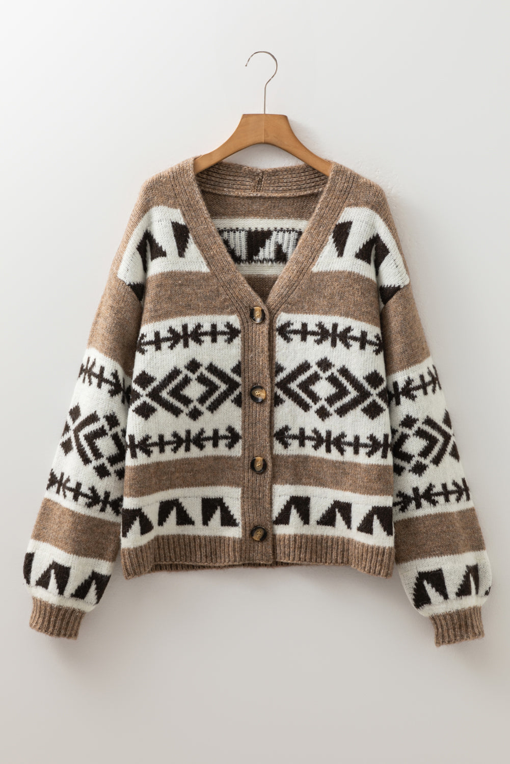 Dark Khaki Geometric Pattern Button Front V Neck Cardigan
