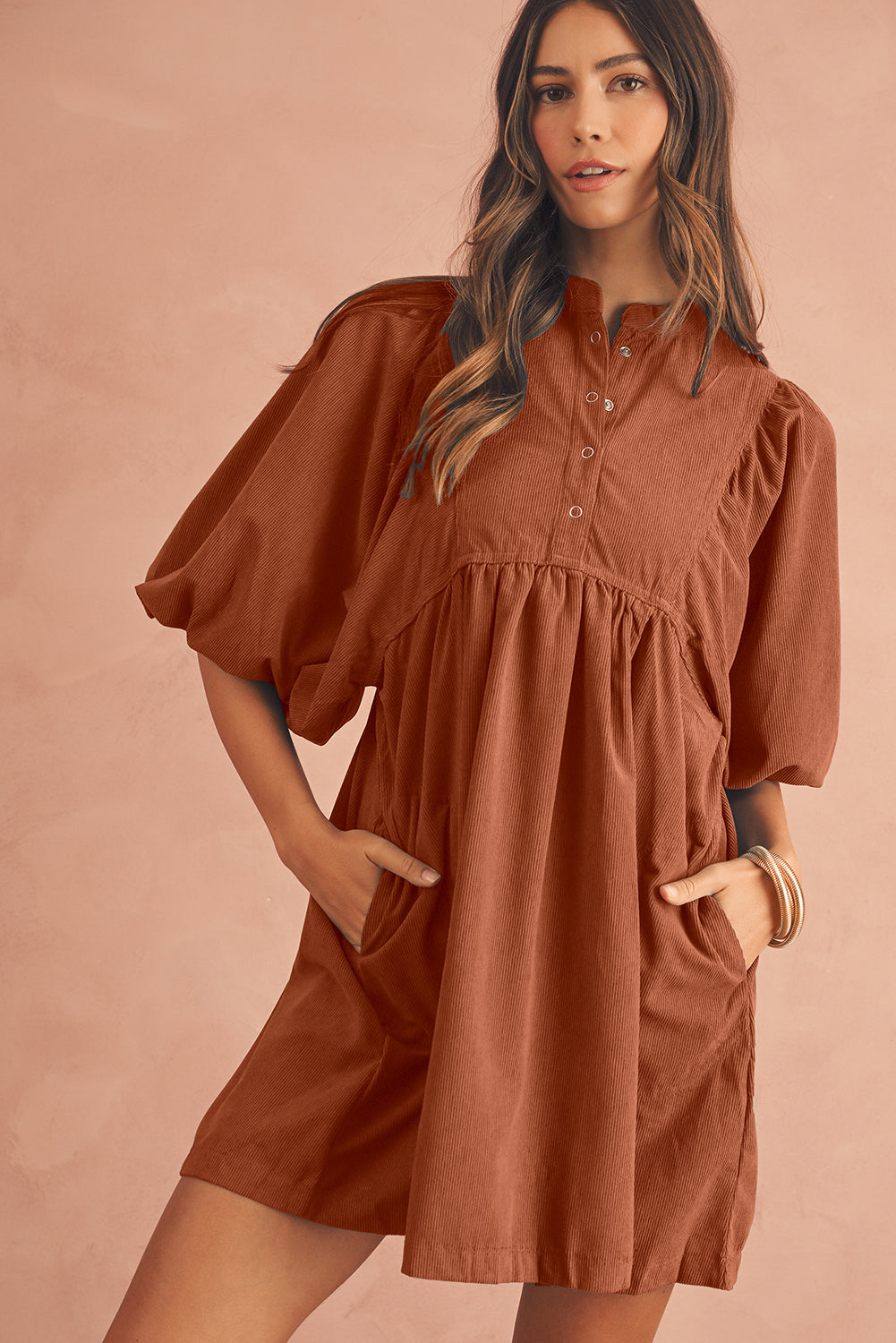 Light Snap Button Empire Waist Lantern Sleeve Corduroy Dress