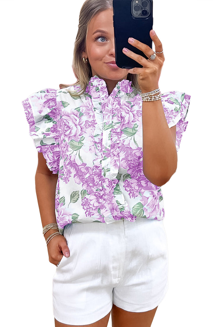 Floral Print Ruffle Sleeve Frill Shirt