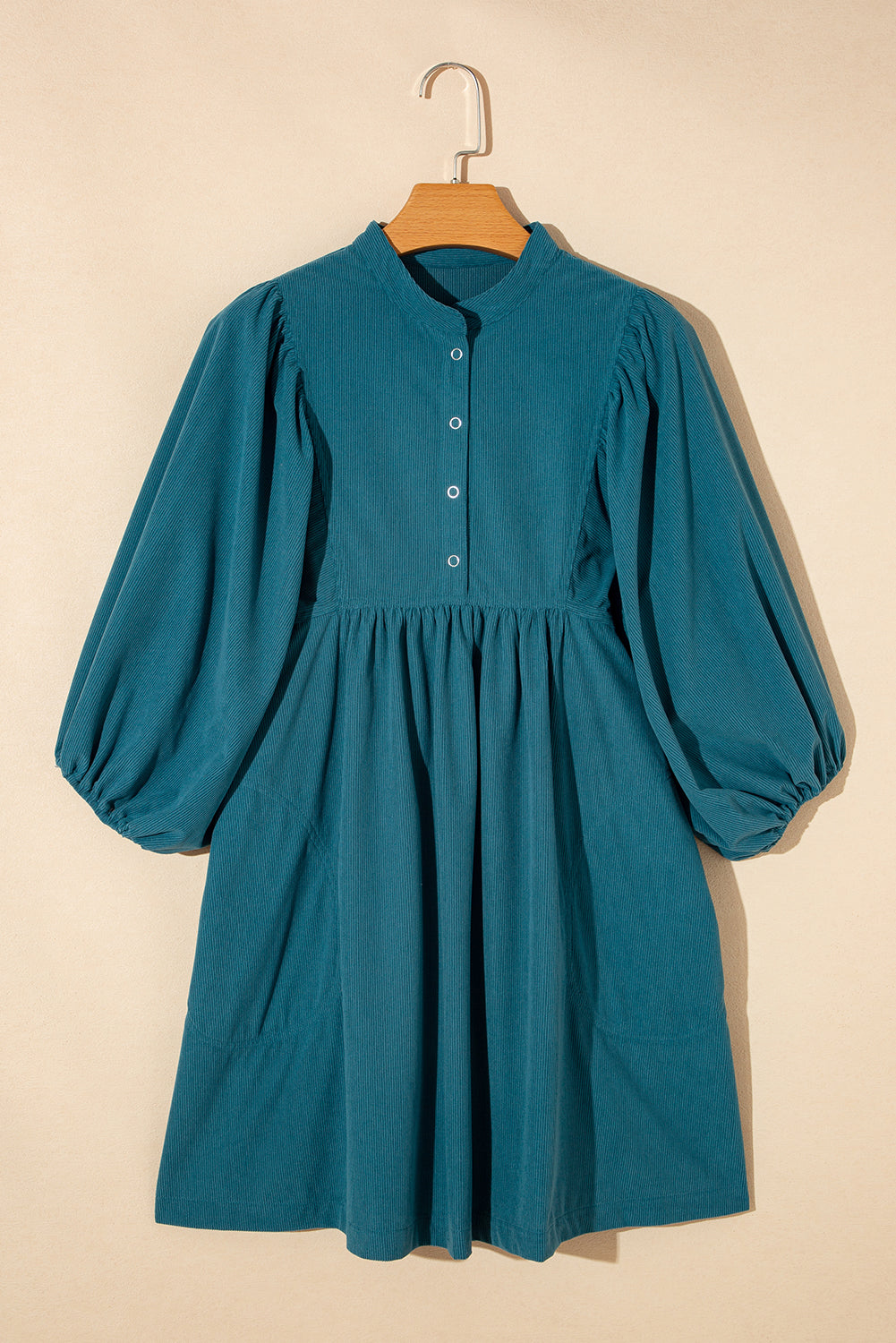 Light Snap Button Empire Waist Lantern Sleeve Corduroy Dress