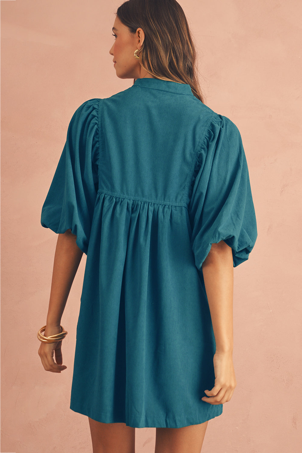 Light Snap Button Empire Waist Lantern Sleeve Corduroy Dress