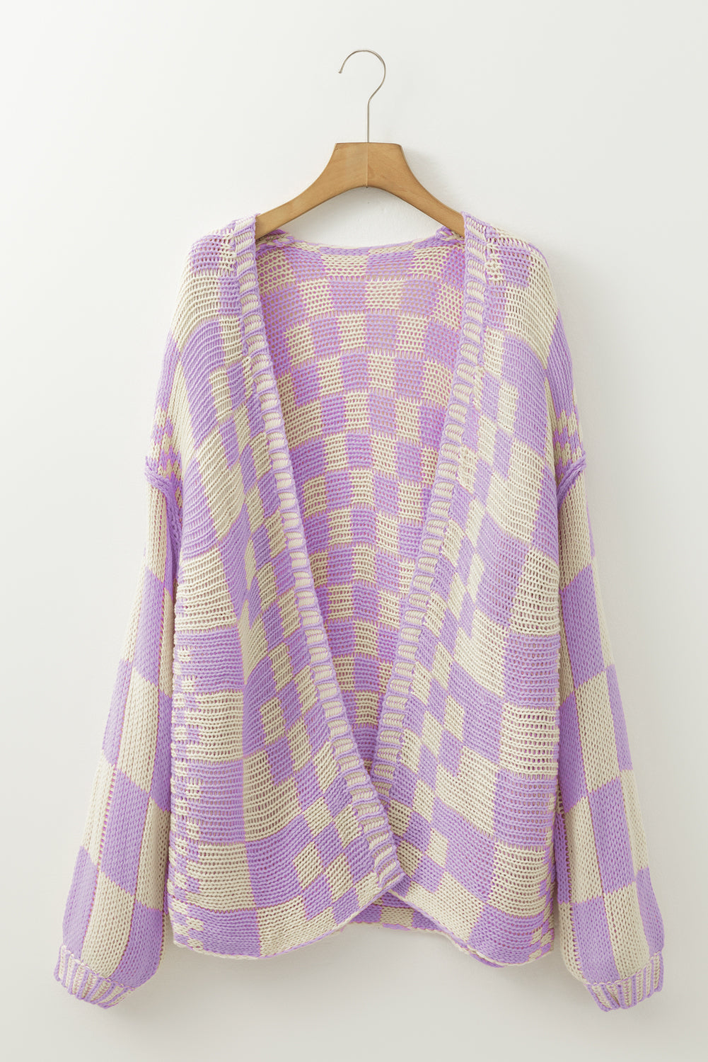 Rose Red Colorblock Checked Open Front Knitted Cardigan