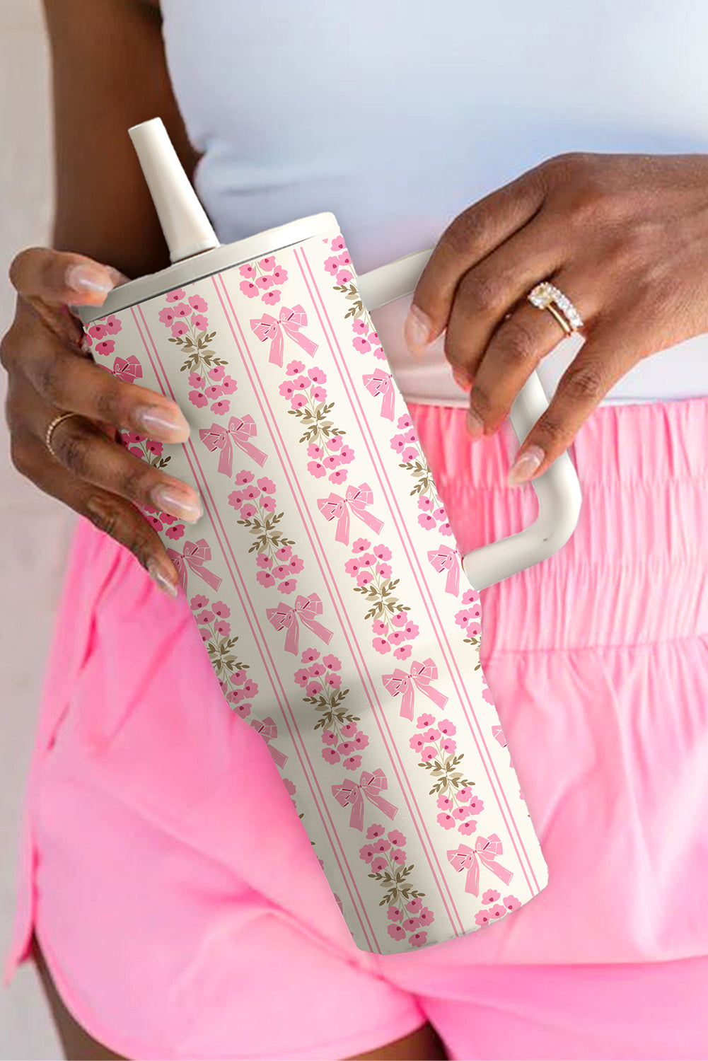 White Bow and Flower Striped 40oz Tumbler Cup