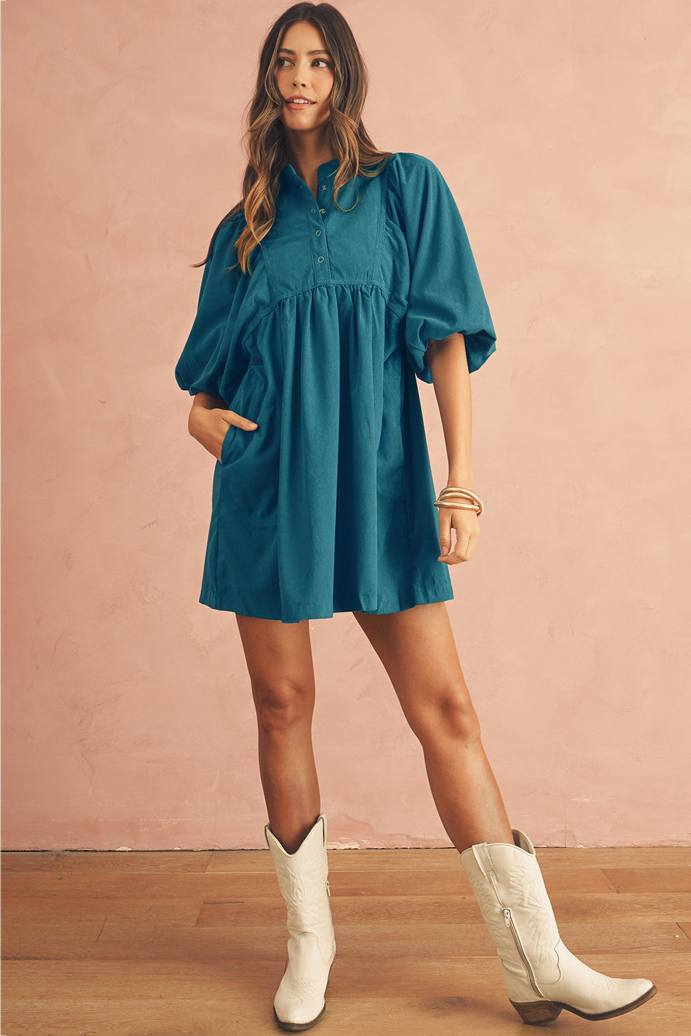 Light Snap Button Empire Waist Lantern Sleeve Corduroy Dress
