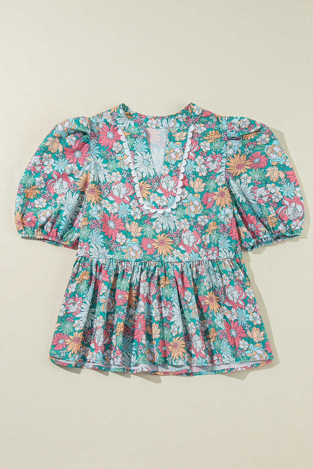 Multicolor Floral Print Short Puff Sleeve V Neck Boho Peplum Blouse