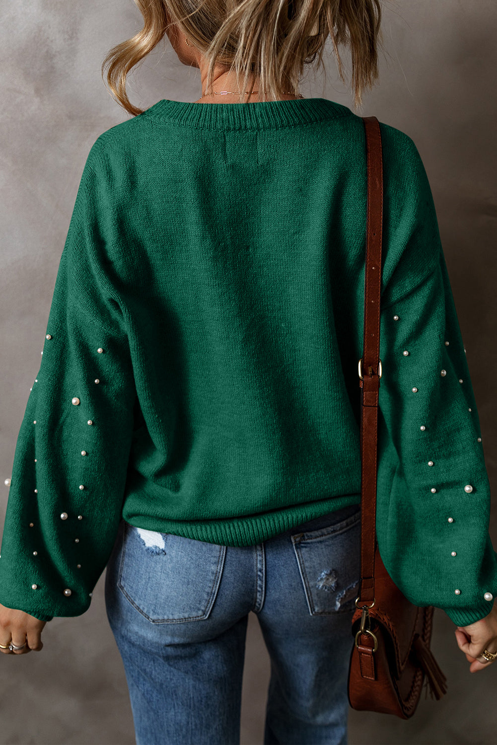 Black Pearl Drop Shoulder Round Neck Sweater