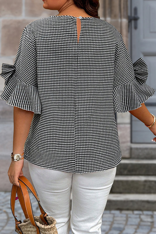Black Plus Size Plaid Bow Decor Bell Sleeve Round Neck Blouse