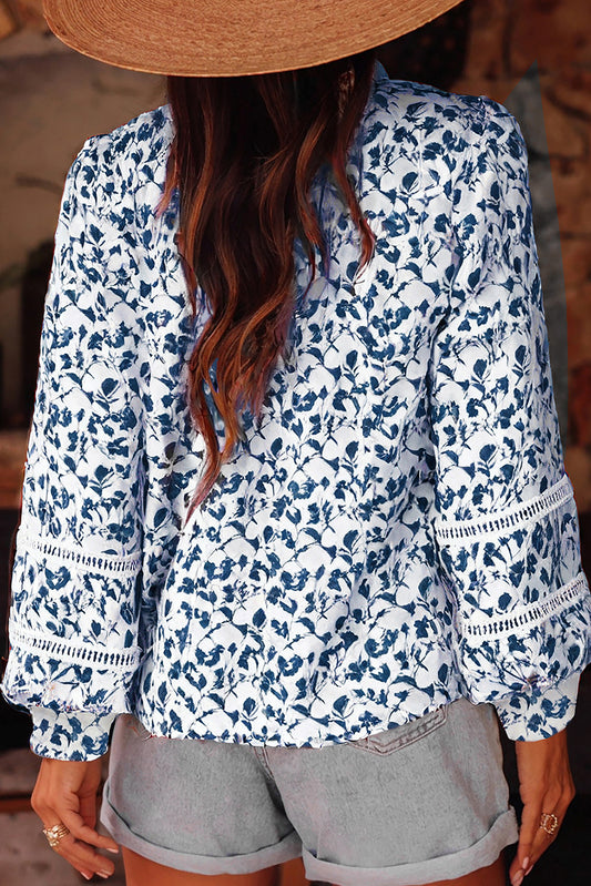 Blue Floral Print Lace Detail Puff Sleeve Fall Shirt