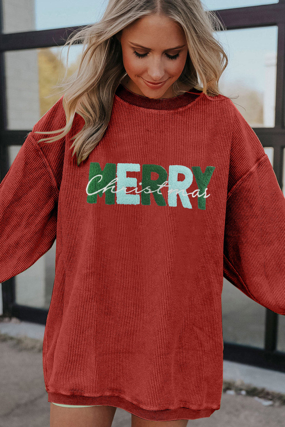 MERRY Christmas Terry Flocking Corded Graphic Sweatshirt