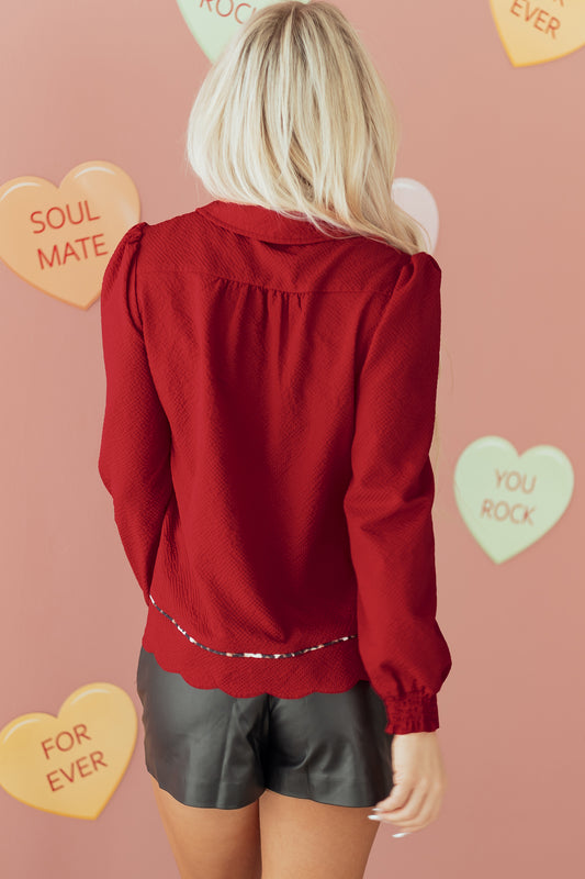 Fiery Red Collar V Neck Leopard Contrasted Trim Textured Blouse