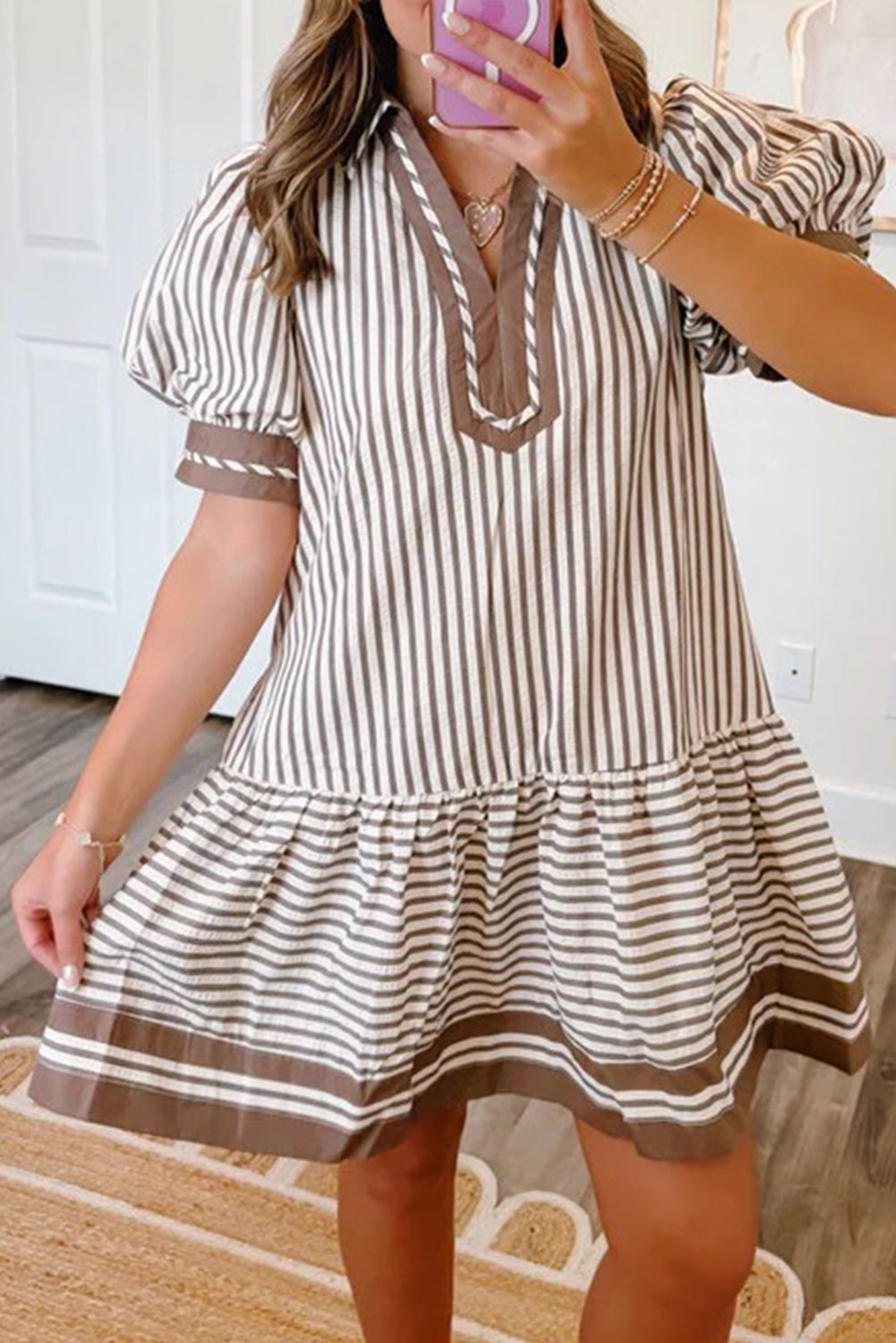 Brown Stripe Shirt Ruffle Hem Short Dress