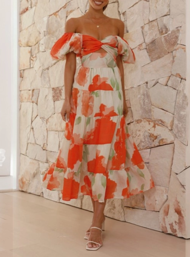 Puff Sleeve Off the Shoulder Twist Floral Maxi Dress