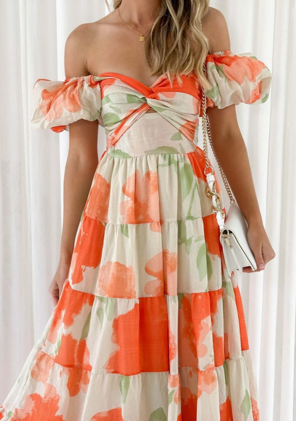 Puff Sleeve Off the Shoulder Twist Floral Maxi Dress