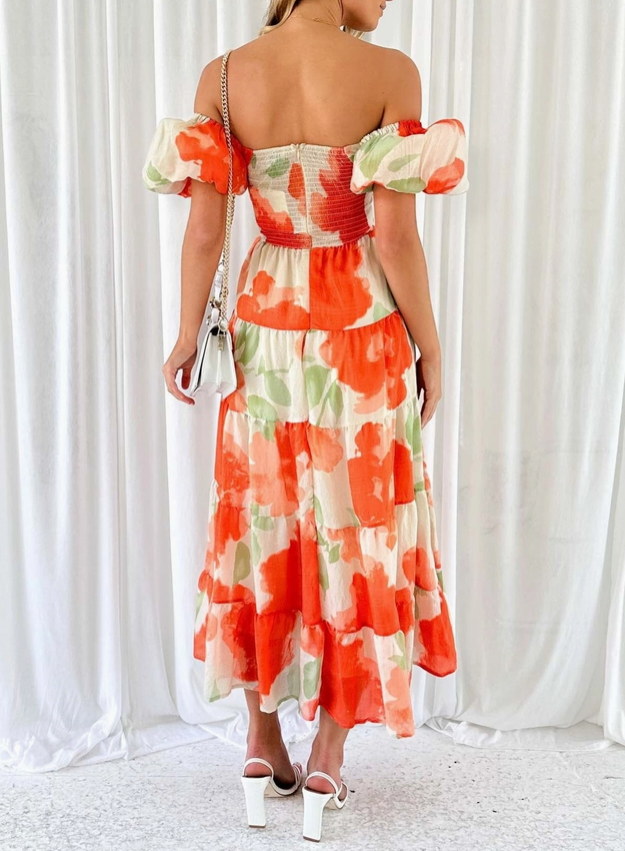 Puff Sleeve Off the Shoulder Twist Floral Maxi Dress