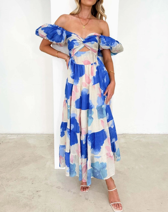 Puff Sleeve Off the Shoulder Twist Floral Maxi Dress