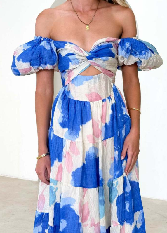 Puff Sleeve Off the Shoulder Twist Floral Maxi Dress