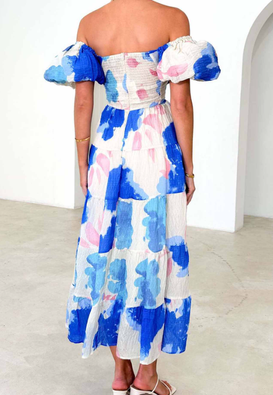 Puff Sleeve Off the Shoulder Twist Floral Maxi Dress
