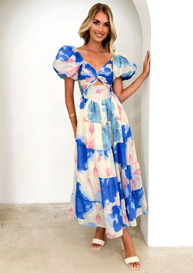 Puff Sleeve Off the Shoulder Twist Floral Maxi Dress
