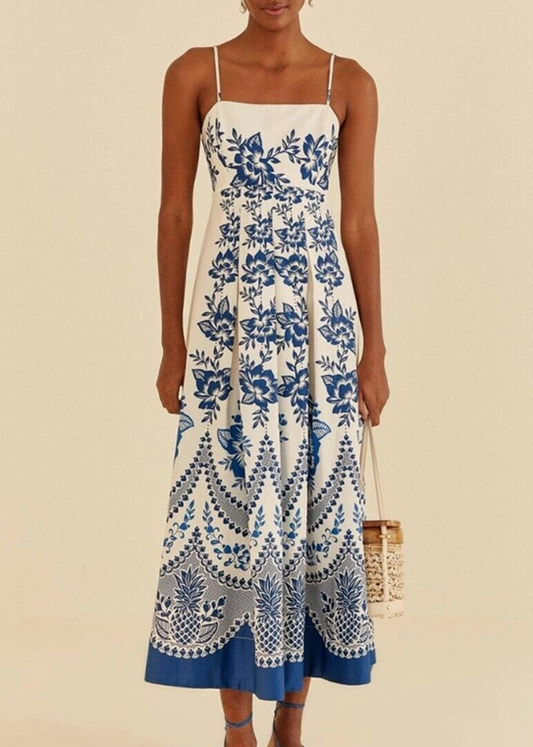 Blue and White Floral Print Ankle Maxi Dress