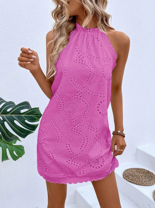 High Neck Eyelet Mini Dress