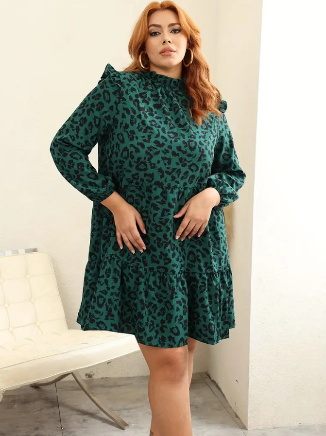 Plus Size Leopard Print Ruffle Trim Mock Neck Dress