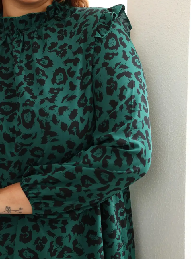 Plus Size Leopard Print Ruffle Trim Mock Neck Dress