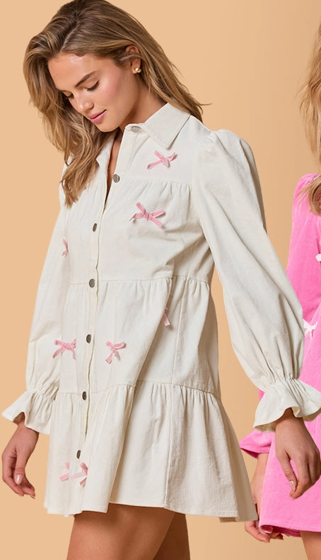 White Pink Color Bow Loose Lantern Sleeve Mini Dress