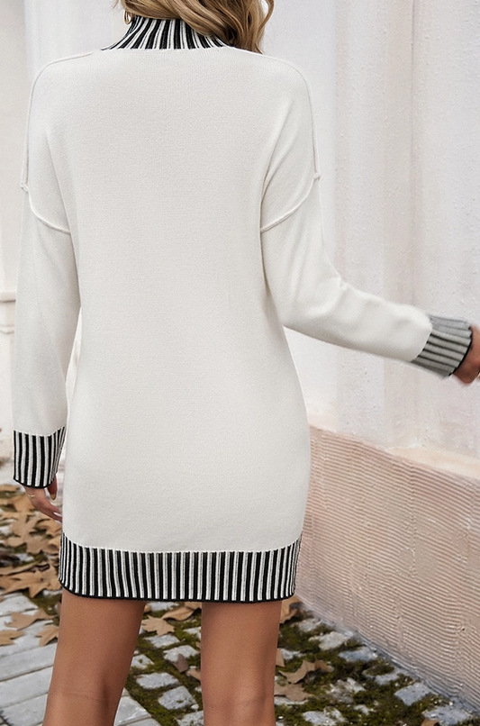Stripe Mock Turtleneck Neck Pullover Sweater Dress
