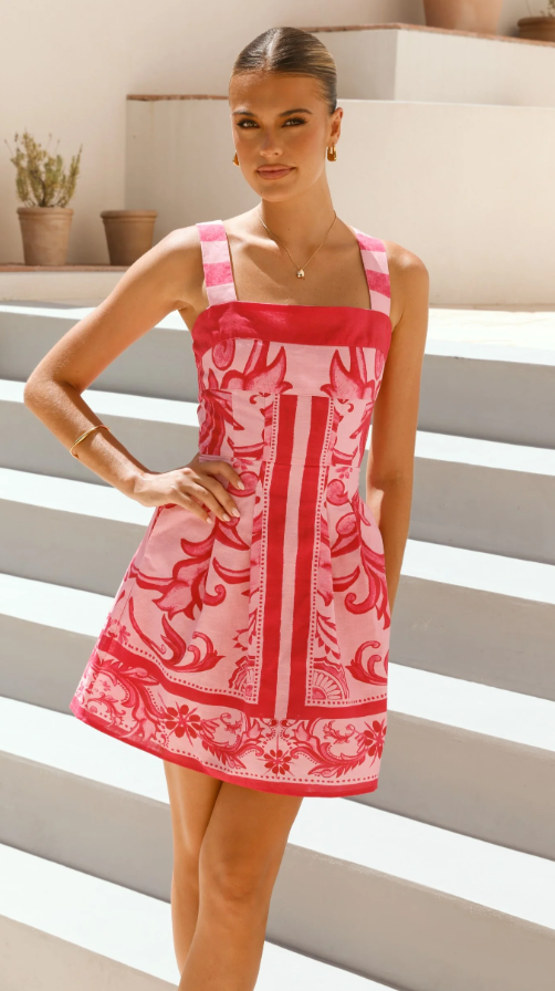 Printed Square Neck Short Dress
