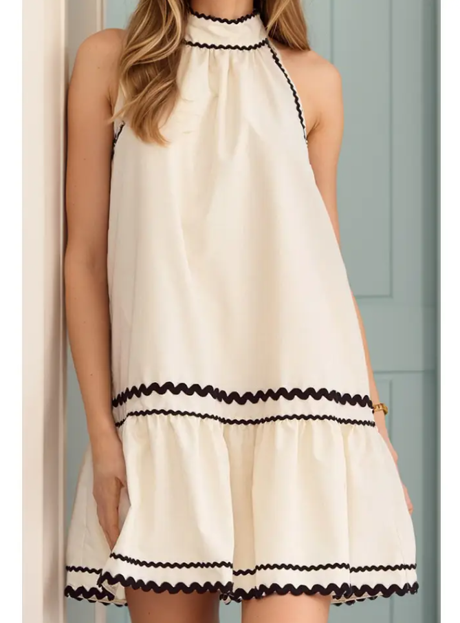 Khaki Striped Ricrac Sleeveless Mini Dress