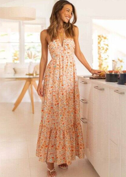 Tiered Halter Neck Printed Cami Dress