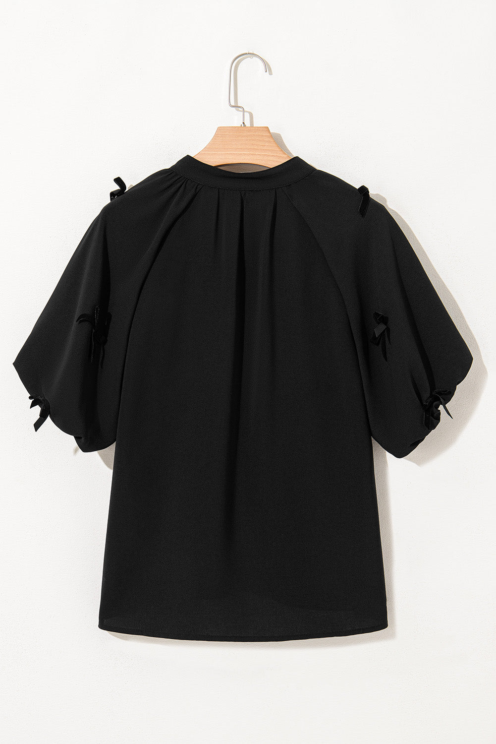 Black V Neck Bow Detail Puff Sleeve Blouse