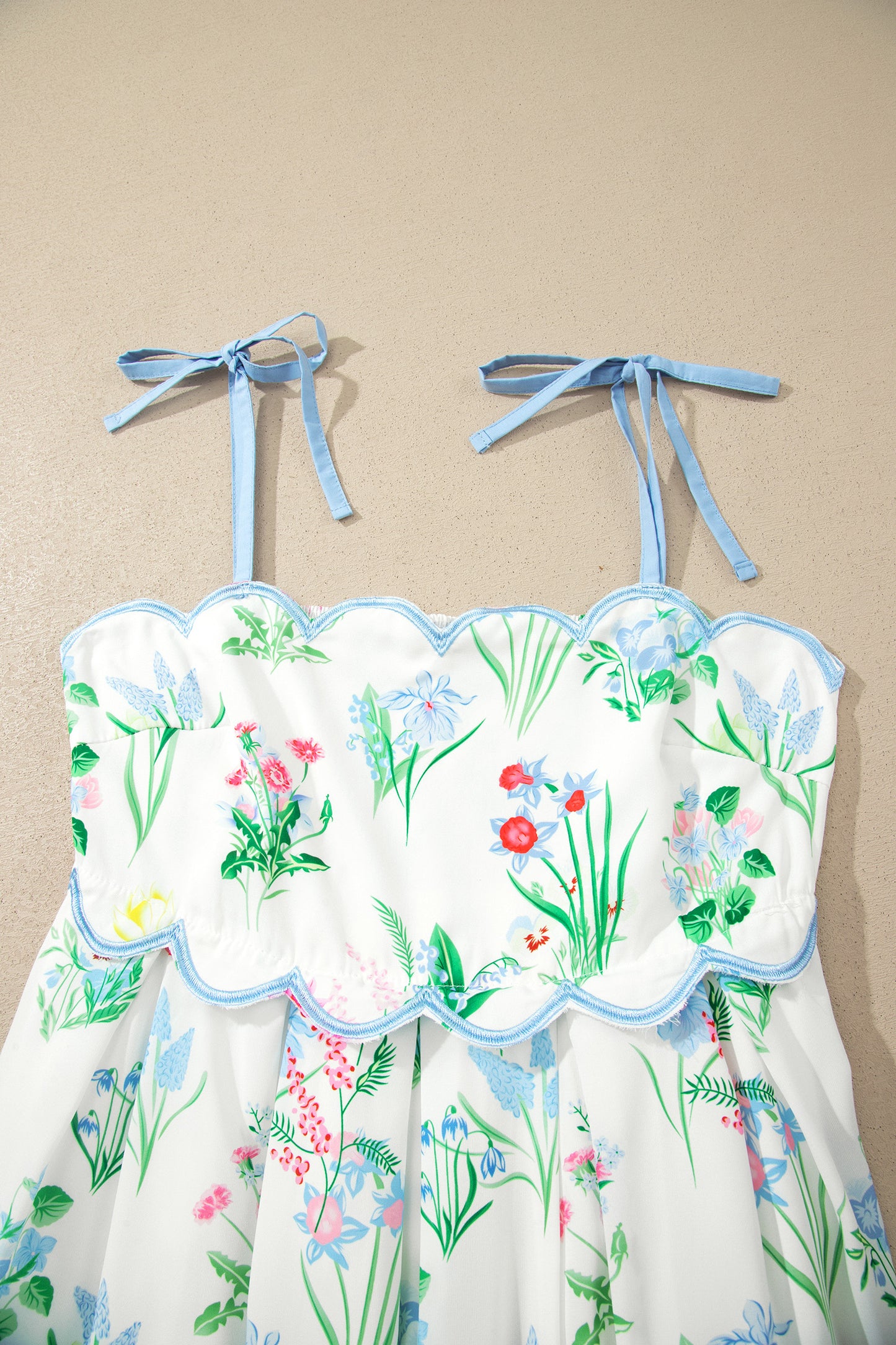 Floral Print Contrast Trim Self-tie Straps High Waist Midi Dress