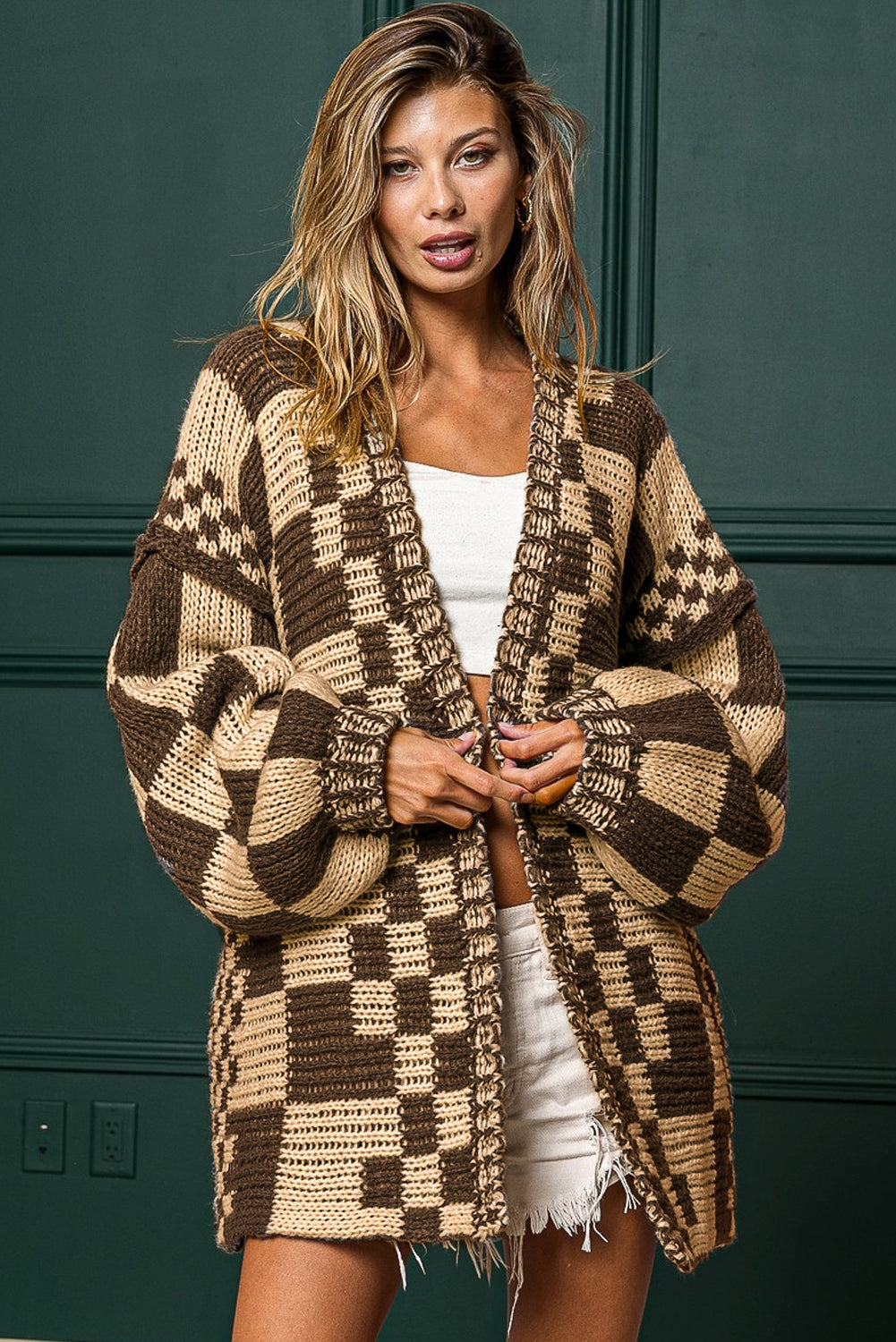 Rose Red Colorblock Checked Open Front Knitted Cardigan