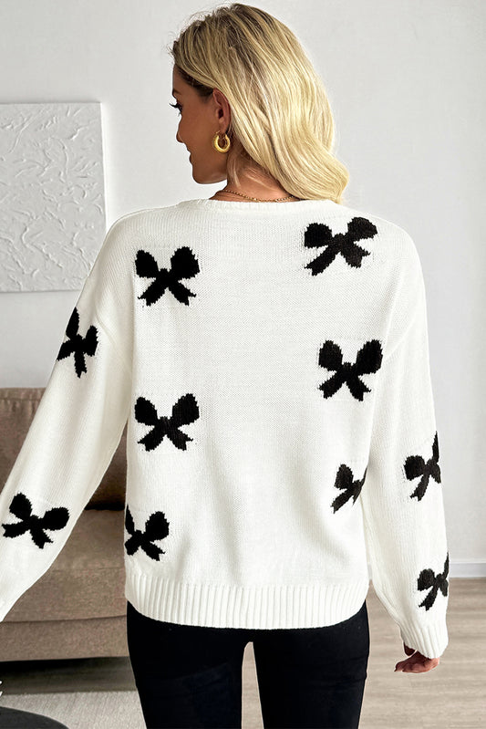 White Lace-Up Front Bow Pattern Round Neck Knit Cardigan