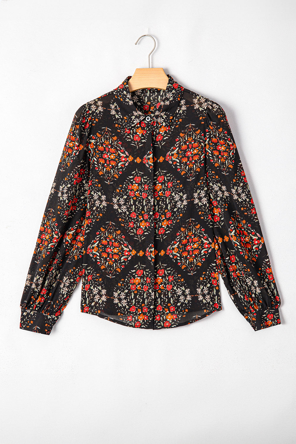 Strawberry Pink Floral Print Collared Button Up Puff Sleeve Shirt