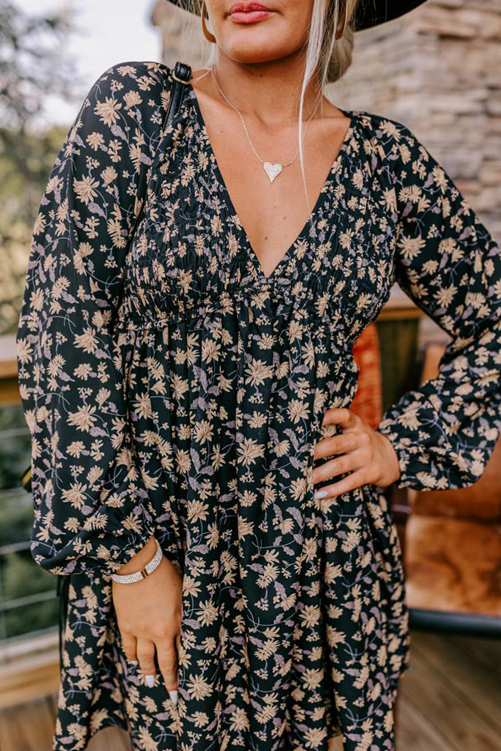 Floral Smocked V Neck Bubble Sleeve Babydoll Dress