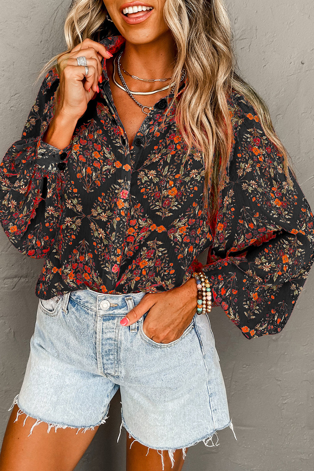 Strawberry Pink Floral Print Collared Button Up Puff Sleeve Shirt