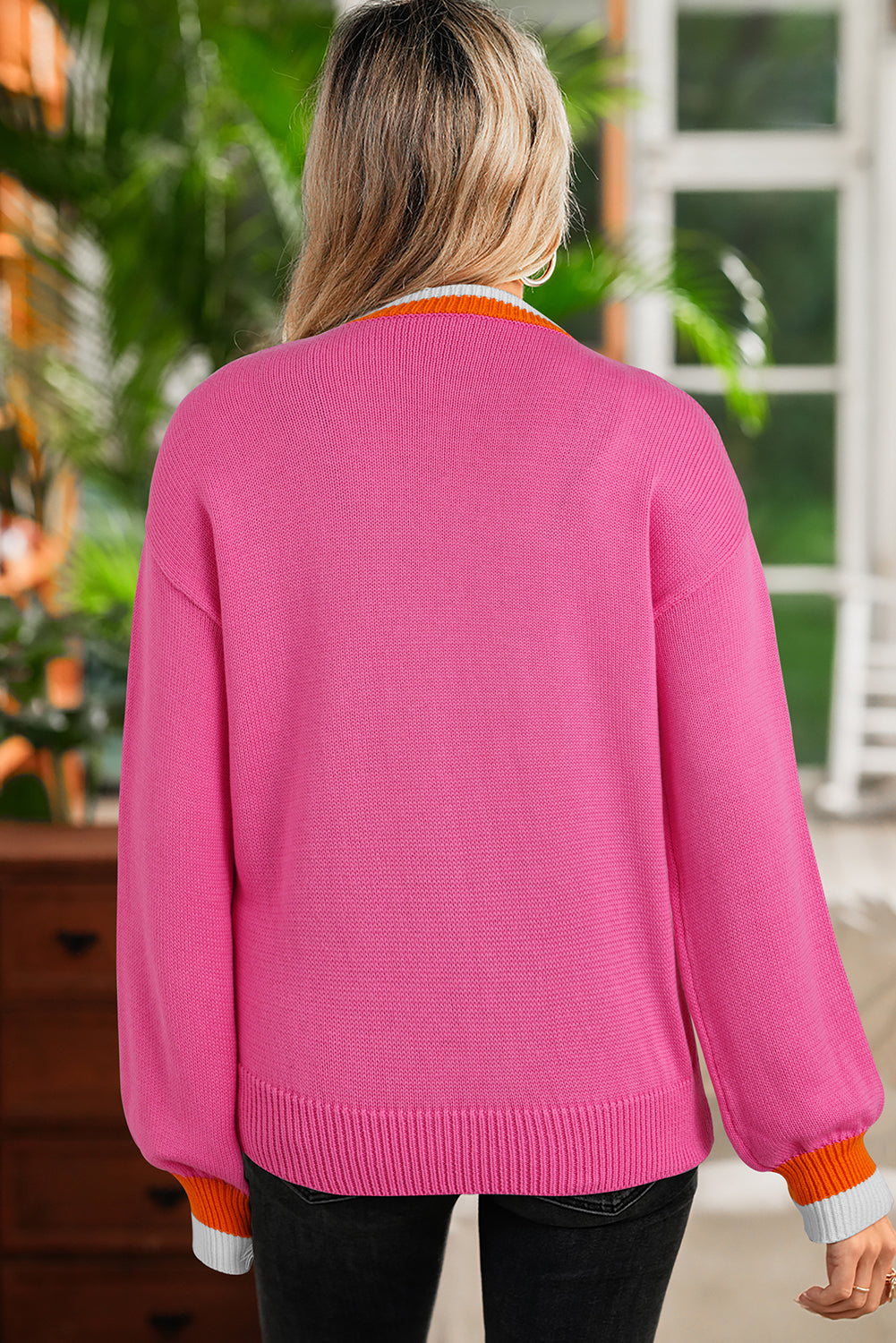 Sachet Pink Contrast Collar Pearl Decor Sweater