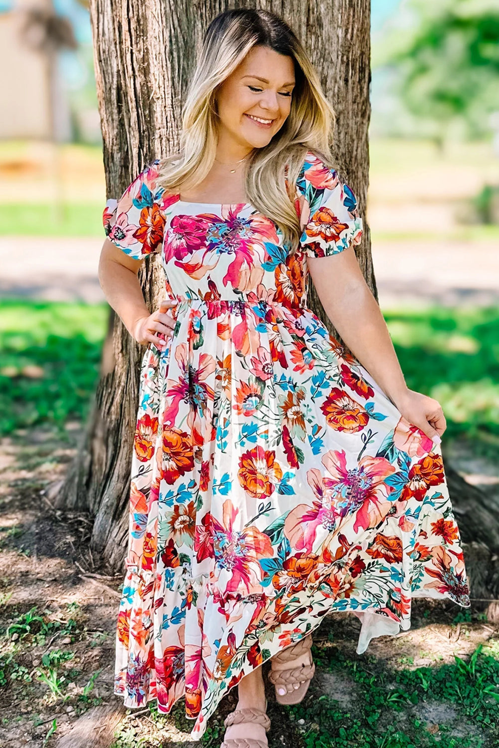 midi plus size spring dresses White Floral Square Neck Puff Sleeve Flowy Plus Size Midi Dress Faboutique