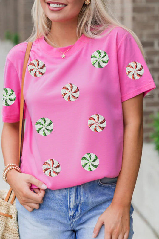 Pink Peppermint Candy Pattern Sequins Patch Christmas T Shirt