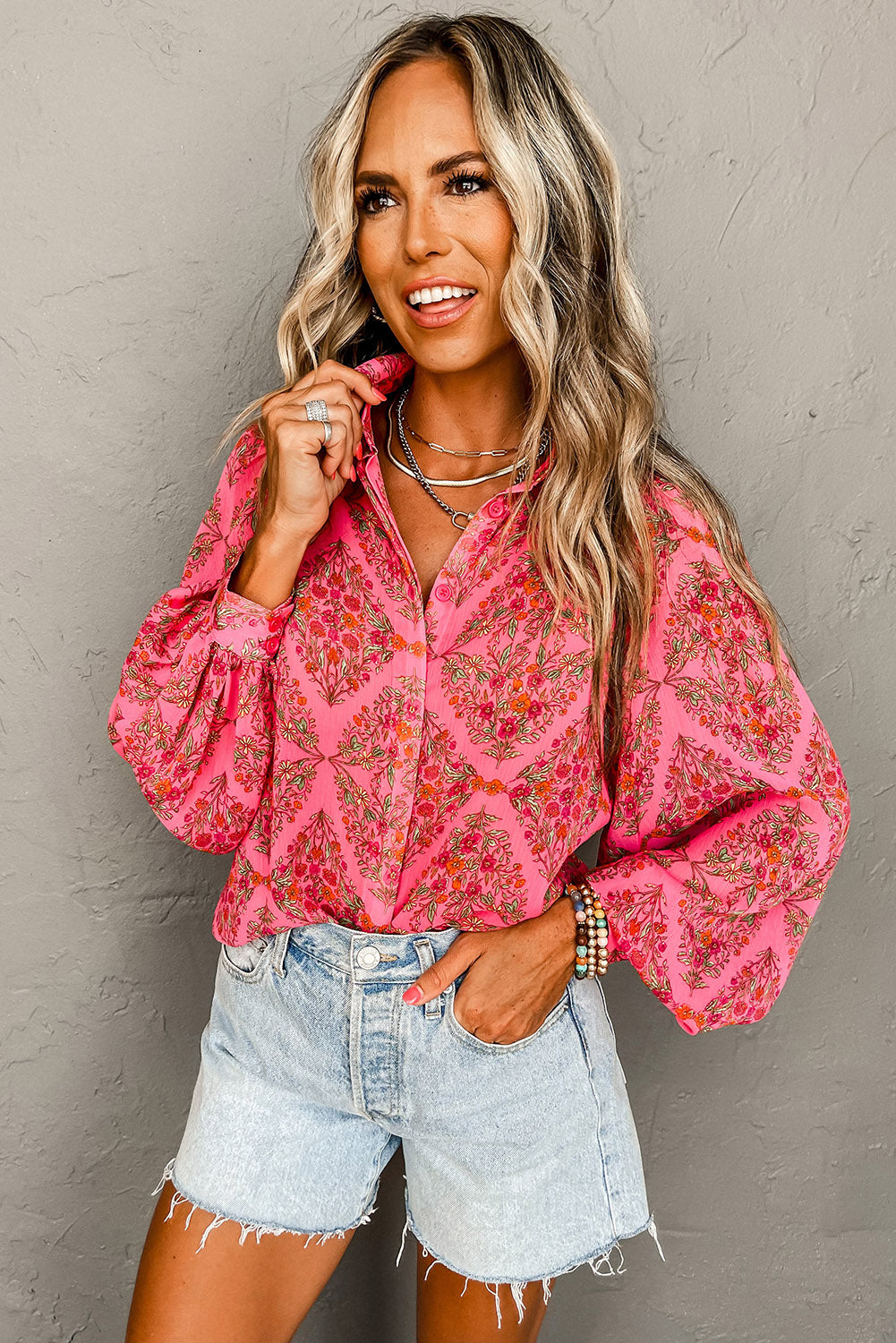 Strawberry Pink Floral Print Collared Button Up Puff Sleeve Shirt
